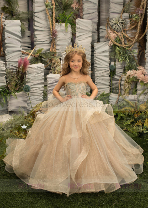 Beaded Mint Lace Sparkle Tulle Ruffle Flower Girl Dress